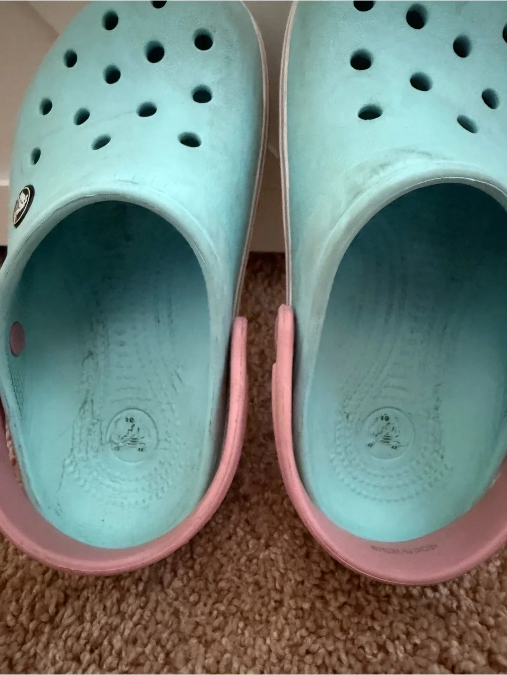 Crocs Crocband Clogs - Kids Size J1 - Ice Blue & Pink Pastel Comfort Sandals